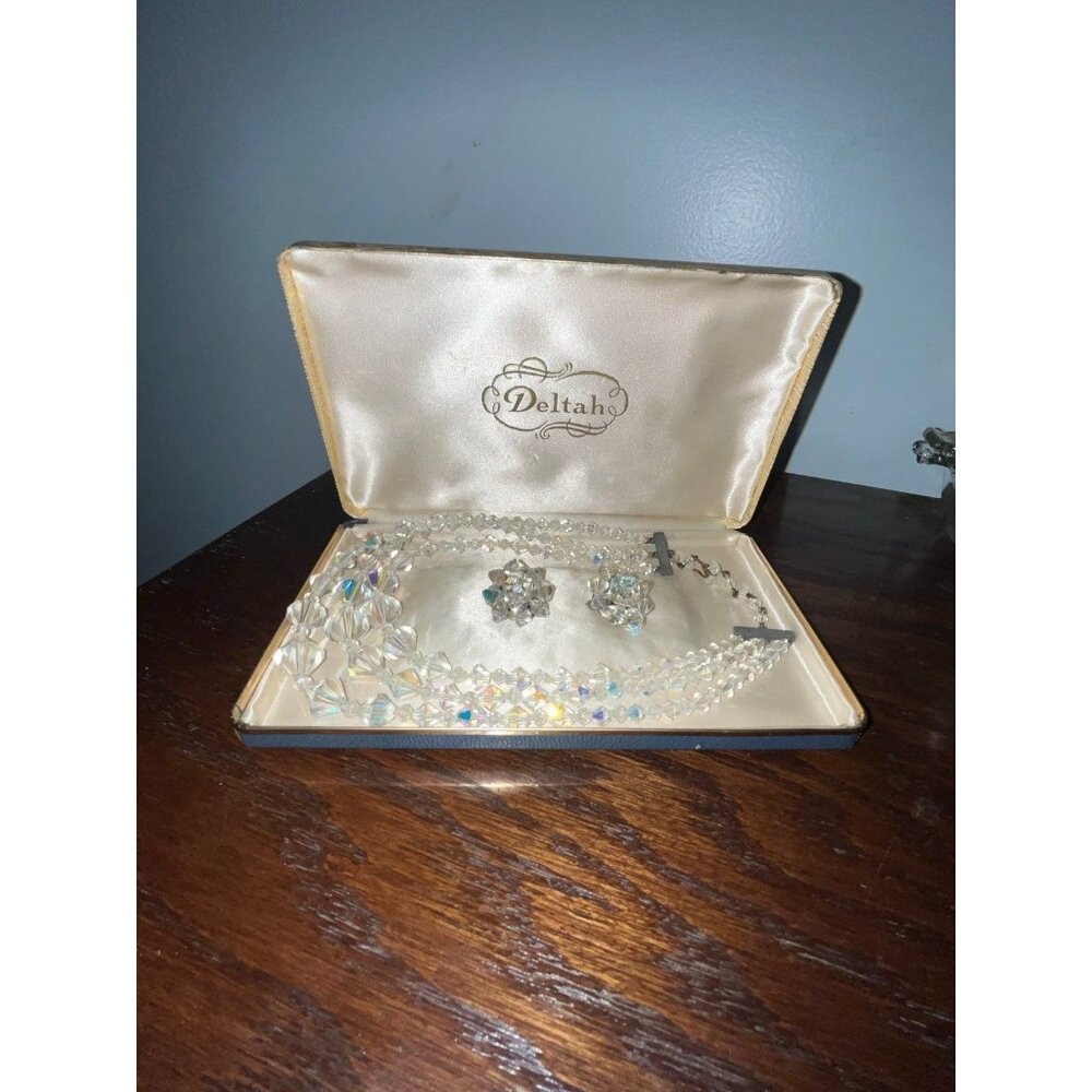 VTG Deltah Aurora Borealis Crystal Necklace & Clip-On Earrings Set Original Box